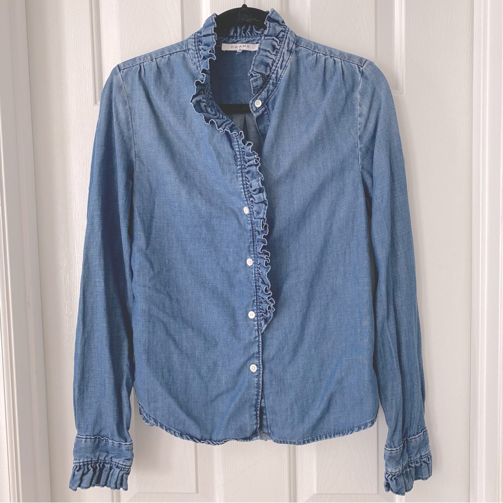 Frame Denim Blue Ruffle-Trim Chambray Blouse